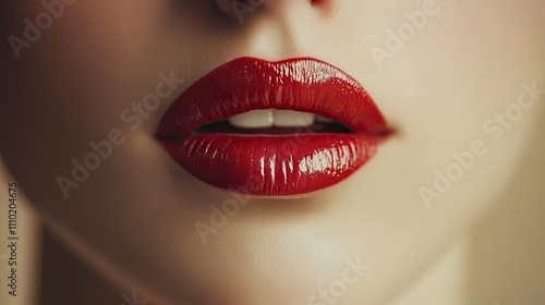 Close-up of Glossy Red Lips with Subtle Natural Makeup Details