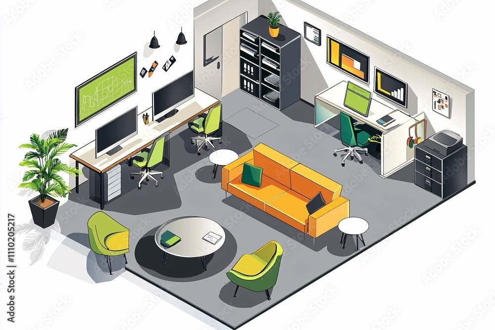 Obraz premium A modern collaborative office featuring stylish furniture, open workstations, and inspiring wall art that fosters innovation and productivity.