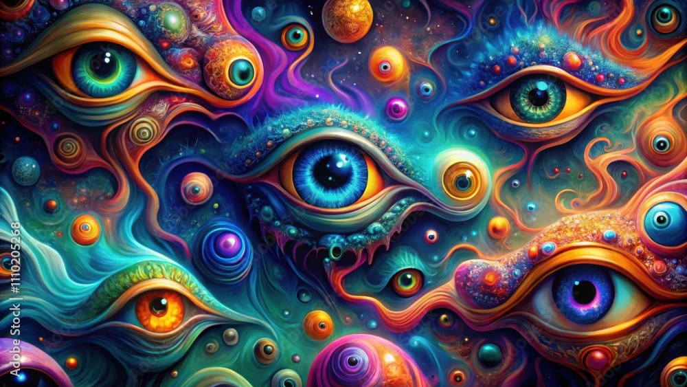 A kaleidoscopic dreamscape of swirling colors and watchful eyes, each iris reflecting a different universe. A kaleidoscopic dreamscape of swirling colors and watchful eyes, each iris reflecting a different universe.
