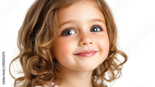 Charming portrait of a young girl with curly hair and exquisite makeup on a bright white background showcasing innocence and beauty