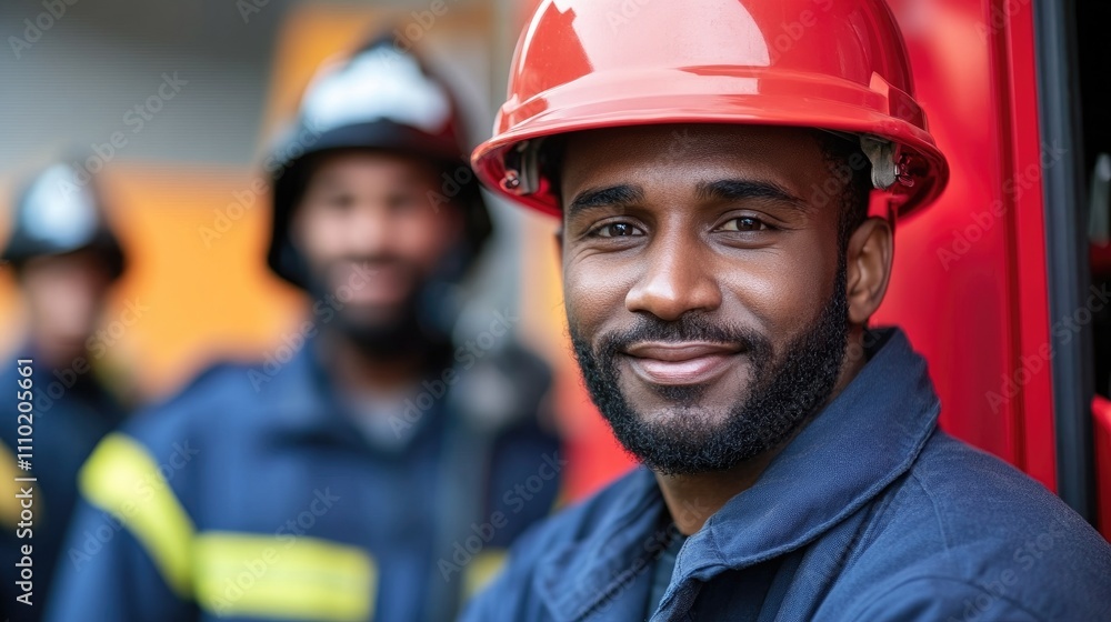 Portrait of diverse firefighter team smiling with fire truck at station showcasing teamwork and dedication in emergency response services Portrait of diverse firefighter team smiling with fire truck at station showcasing teamwork and dedication in emergency response services