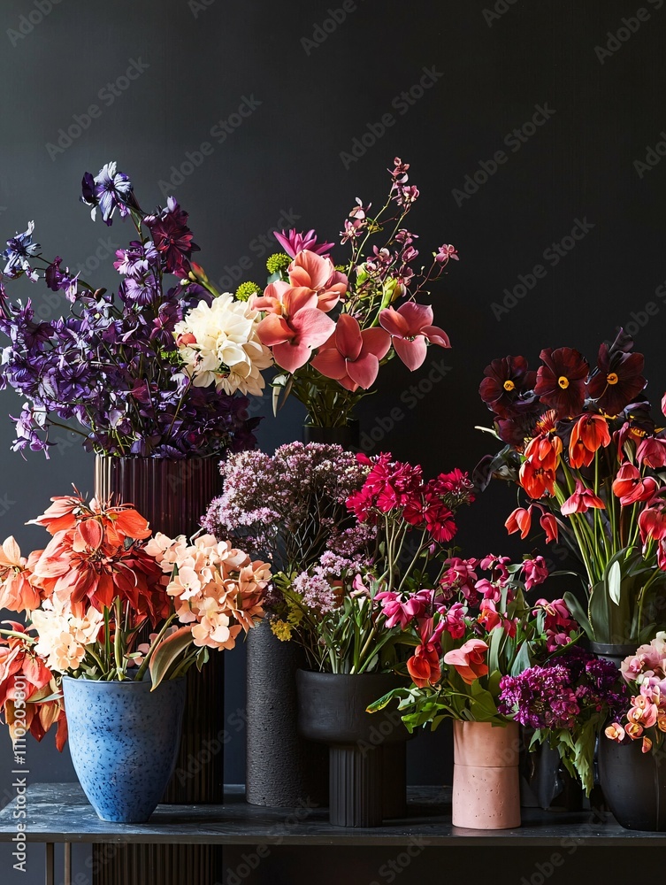Fototapeta premium Elegant floral arrangements featuring vibrant blooms in chic containers, perfect for design inspiration and decor ideas in a contemporary studio.