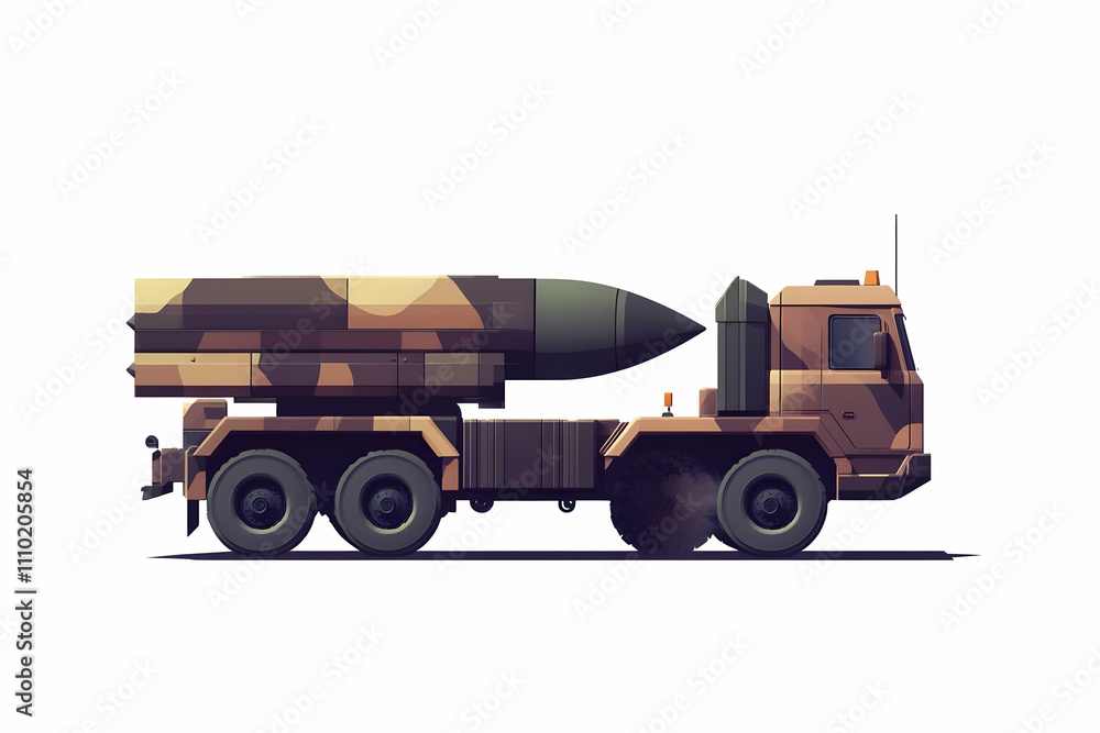 Obraz premium A military truck equipped with a large missile, showcasing a camouflage design.