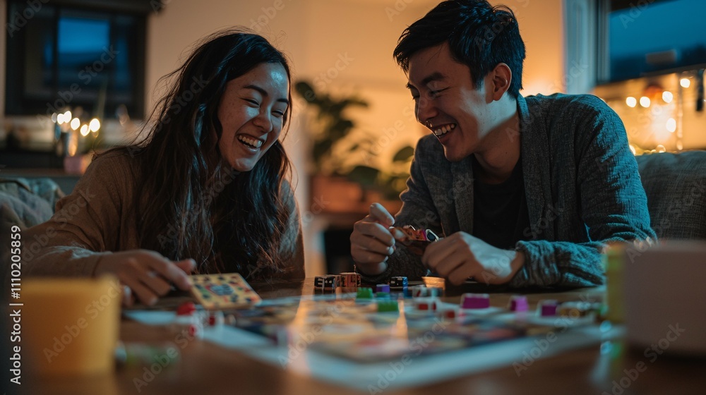 Fototapeta premium A vibrant couple shares joyful moments during a lively board game night at home, surrounded by snacks and laughter that highlight their playful chemistry.