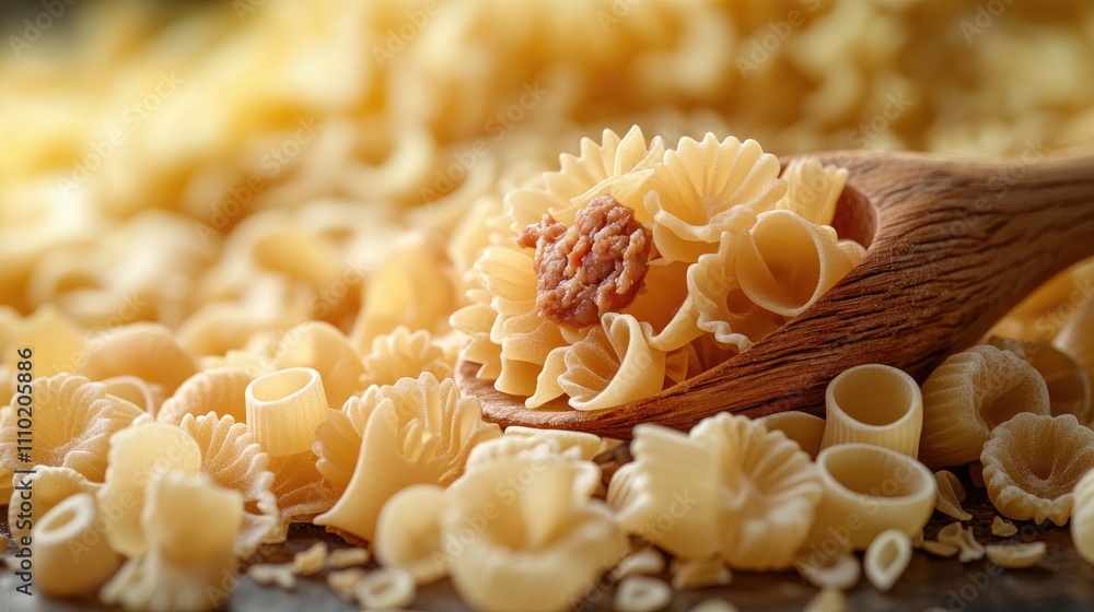 Raw pasta assortment with meat filling and wooden spoon on a rustic table background showcasing various shapes and textures of uncooked pasta. Raw pasta assortment with meat filling and wooden spoon on a rustic table background showcasing various shapes and textures of uncooked pasta.