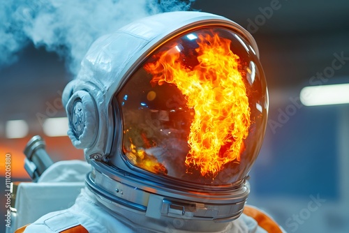 Close-up of an astronaut's helmet on fire, with smoke surrounding the head and an orange color photo