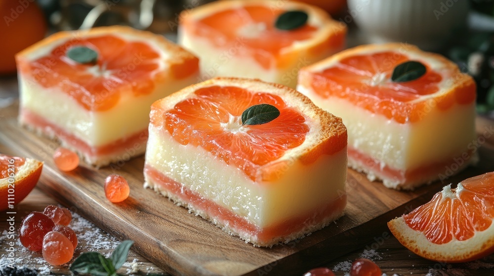 Sliced orange and white jelly cake arranged on a wooden board decorated with orange slices and vibrant jelly candies Sliced orange and white jelly cake arranged on a wooden board decorated with orange slices and vibrant jelly candies