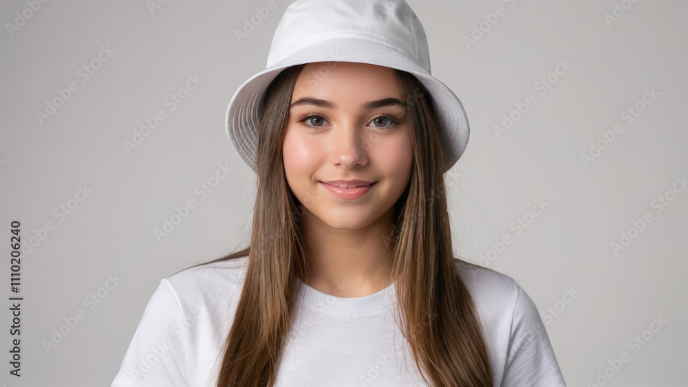 Teenage girl wearing white t-shirt and white bucket hat isolated on grey background Teenage girl wearing white t-shirt and white bucket hat isolated on grey background