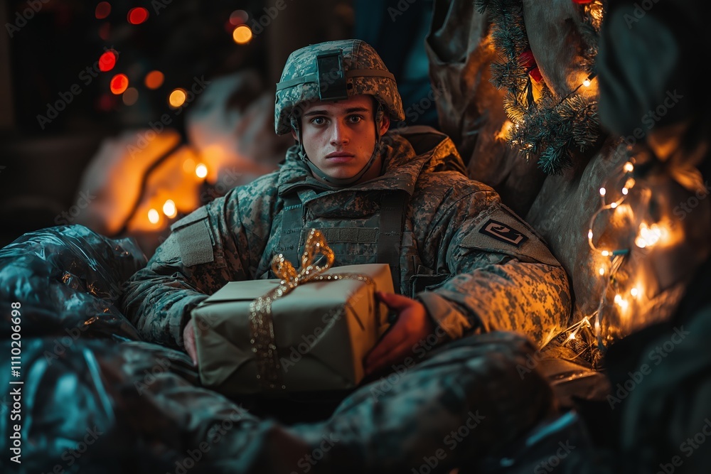 A soldier reflects on Christmas traditions in the military while holding a gift, preparing to celebrate New Year amid warm lights and festive decor, highlighting resilience and spirit. A soldier reflects on Christmas traditions in the military while holding a gift, preparing to celebrate New Year amid warm lights and festive decor, highlighting resilience and spirit.