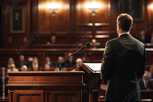 A confident lawmaker delivers a speech on civic duty at a podium in a legislative chamber, engaging the audience while dressed in professional attire.