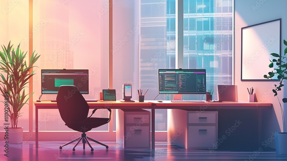 A contemporary tech office showcasing stylish desks with dual monitors, minimalist design, and cutting-edge gadgets, creating a bright and collaborative workspace. A contemporary tech office showcasing stylish desks with dual monitors, minimalist design, and cutting-edge gadgets, creating a bright and collaborative workspace.