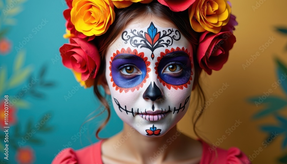 Day of the Dead Face Paint with Vibrant Colors and Bold Floral Details. Day of the Dead Face Paint with Vibrant Colors and Bold Floral Details.