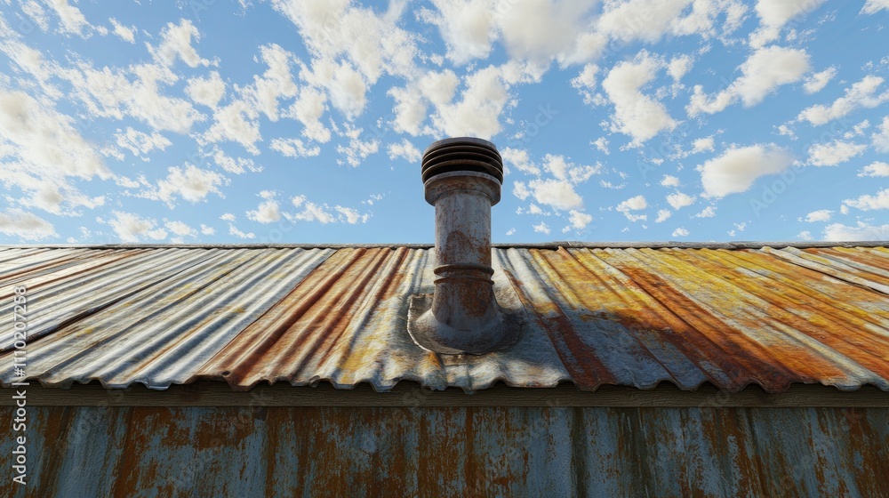 Rusted zinc roof with ventilation pipe under a cloudy afternoon sky showcasing weathered textures and vibrant colors. Rusted zinc roof with ventilation pipe under a cloudy afternoon sky showcasing weathered textures and vibrant colors.
