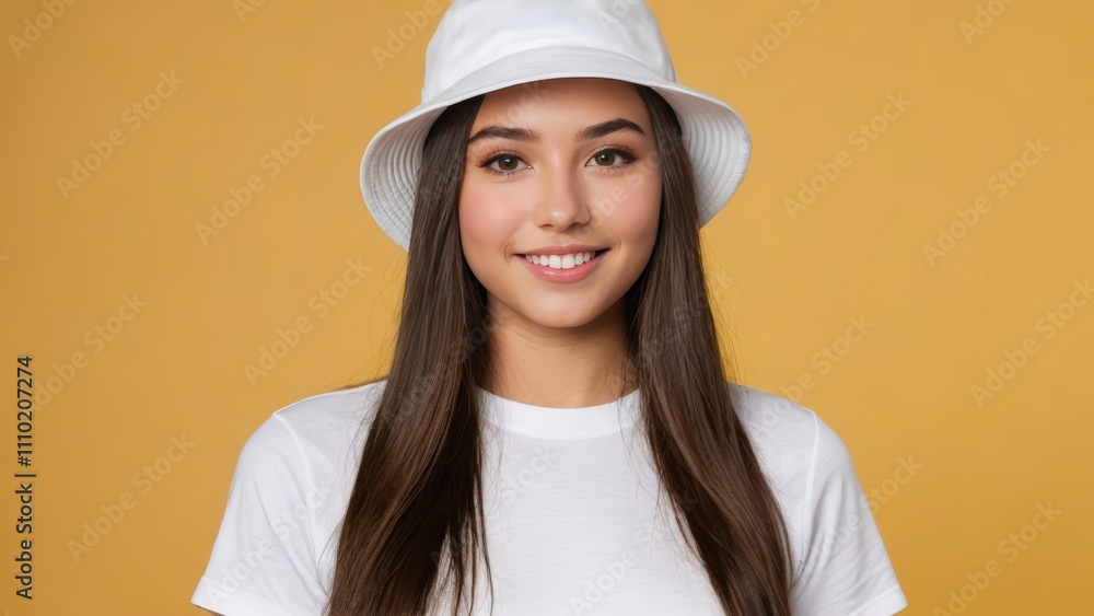 Teenage girl wearing white t-shirt and white bucket hat isolated on yellow background Teenage girl wearing white t-shirt and white bucket hat isolated on yellow background