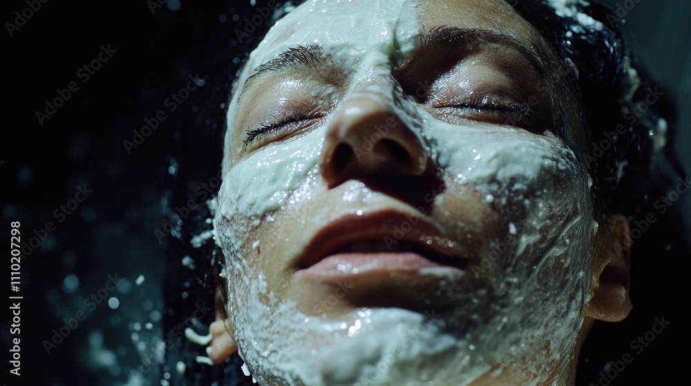 Woman relaxing while removing a facial mask during skincare routine with a calm expression and wet hair in a serene atmosphere Woman relaxing while removing a facial mask during skincare routine with a calm expression and wet hair in a serene atmosphere