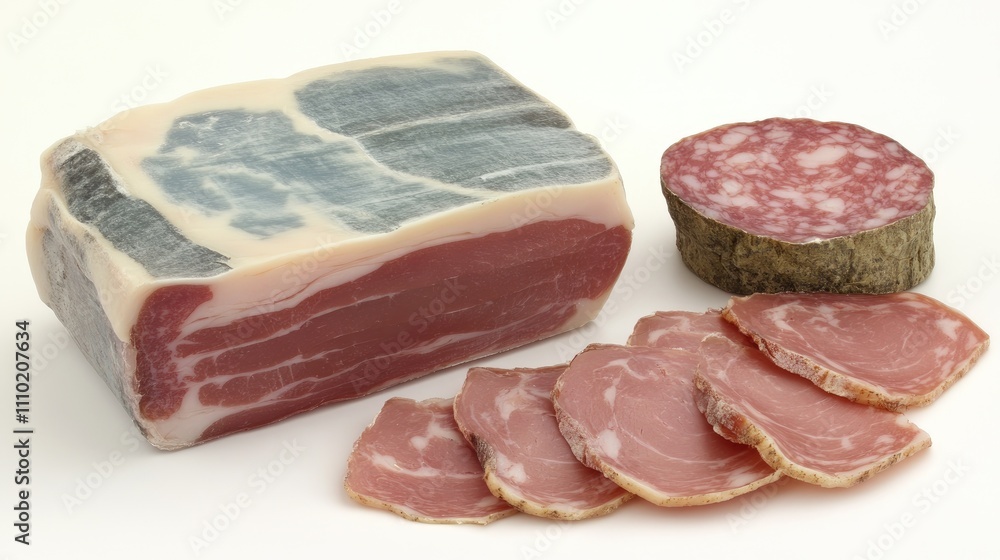 Italian charcuterie platter featuring prosciutto crudo, gorgonzola, pecorino, and salami slices on a neutral background. Italian charcuterie platter featuring prosciutto crudo, gorgonzola, pecorino, and salami slices on a neutral background.