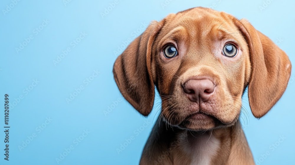 Portrait of an adorable puppy on a soft blue background showcasing its expressive eyes in a professional studio setting. Portrait of an adorable puppy on a soft blue background showcasing its expressive eyes in a professional studio setting.