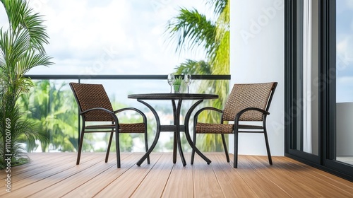 Wallpaper Mural Elegant outdoor dining set featuring a round table and two chairs on a stylish balcony surrounded by lush greenery and natural light Torontodigital.ca