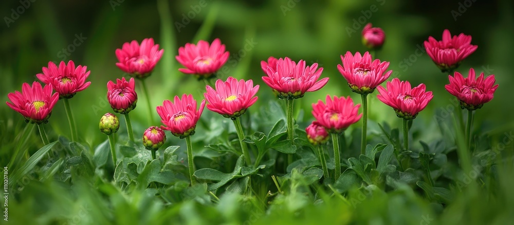 Vibrant pink chrysanthemum flowers in lush green grass ideal for greeting cards and floral-themed designs Vibrant pink chrysanthemum flowers in lush green grass ideal for greeting cards and floral-themed designs