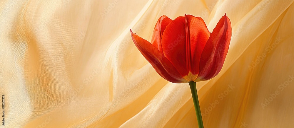 Vibrant red tulip illuminated against soft yellow silk background in a captivating close-up arrangement showcasing natural beauty Vibrant red tulip illuminated against soft yellow silk background in a captivating close-up arrangement showcasing natural beauty