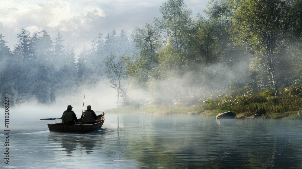 Fishermen in a boat on a foggy lake Fishermen in a boat on a foggy lake