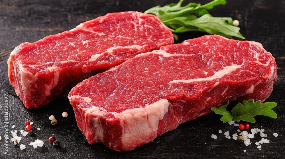 Premium Matsusaka beef rump steak on rustic wooden background garnished with fresh herbs and spices for gourmet culinary use. Premium Matsusaka beef rump steak on rustic wooden background garnished with fresh herbs and spices for gourmet culinary use.