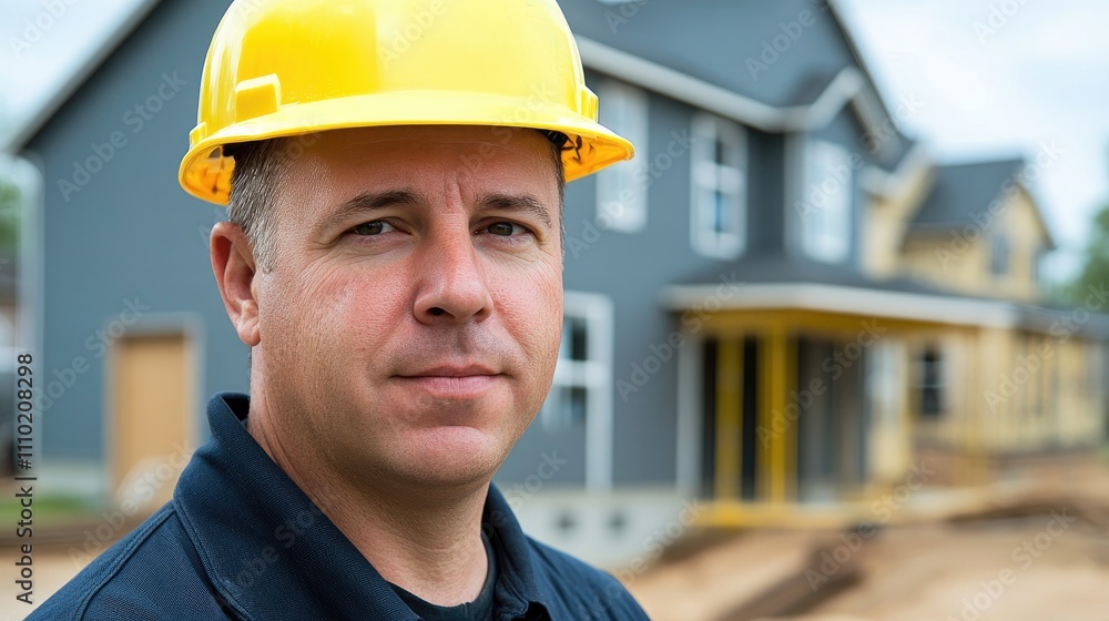 Confident foreman in hard hat overseeing construction of new homes on a building site ensuring safety and quality during the building process Confident foreman in hard hat overseeing construction of new homes on a building site ensuring safety and quality during the building process