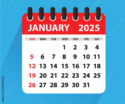 January 2025 Calendar Leaf. Calendar 2025 in flat style. January 2025 Calendar. Week starts on Sunday. Blank Calendar Template. Stationery Design. Vector Illustration