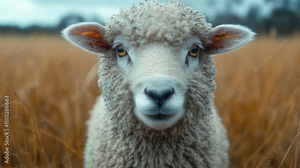 Fototapeta premium Curious Sheep Portrayed in Natural Setting with Soft Textures and Warm Tones in a Serene Pastoral Landscape