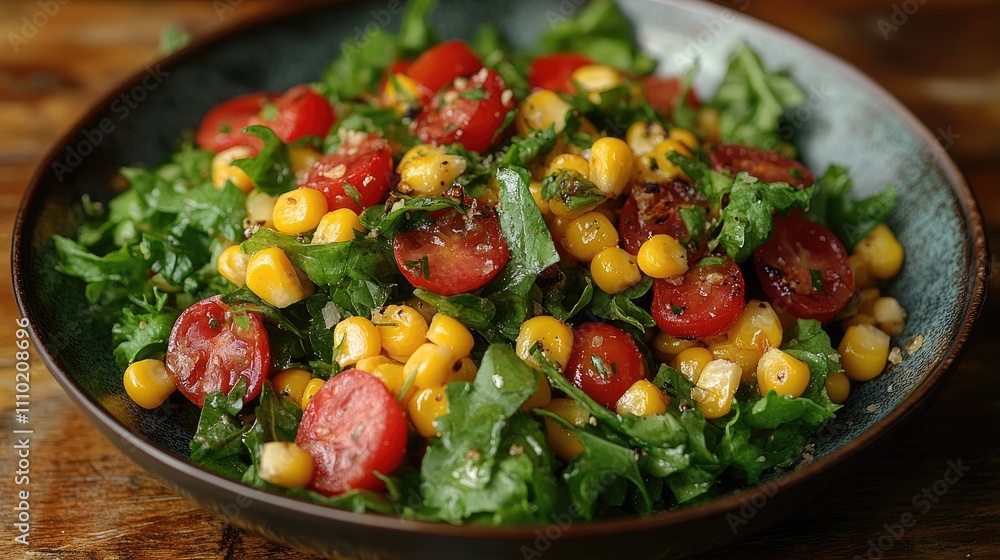 Fresh green salad with smoked corn tomatoes and herbs in a rustic bowl on wood table healthy eating concept Fresh green salad with smoked corn tomatoes and herbs in a rustic bowl on wood table healthy eating concept