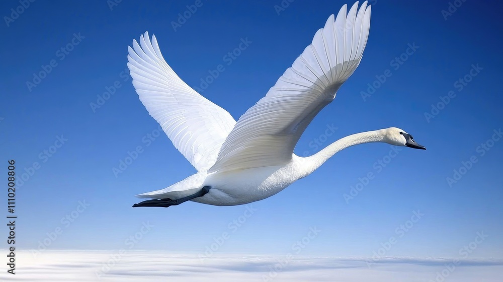 Elegant white swan soaring through a clear blue sky against a tranquil backdrop of clouds perfect for migration themes and nature projects Elegant white swan soaring through a clear blue sky against a tranquil backdrop of clouds perfect for migration themes and nature projects