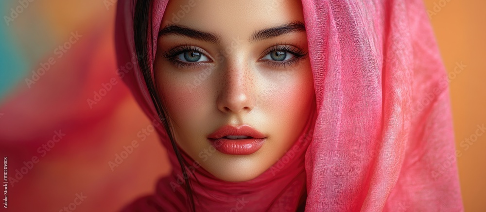Naklejka premium Portrait of a young woman in a vibrant hijab with striking features against a colorful background showcasing beauty and elegance
