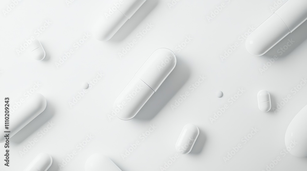 White medicine capsules and vitamin pills arranged on a smooth surface representing health care and medication concept in a minimalist design. White medicine capsules and vitamin pills arranged on a smooth surface representing health care and medication concept in a minimalist design.