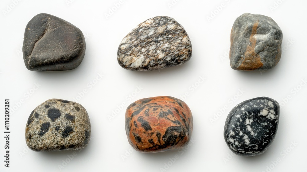 Collection of smooth beach stones showcasing diverse textures and colors arranged on a white background for natural design inspiration Collection of smooth beach stones showcasing diverse textures and colors arranged on a white background for natural design inspiration