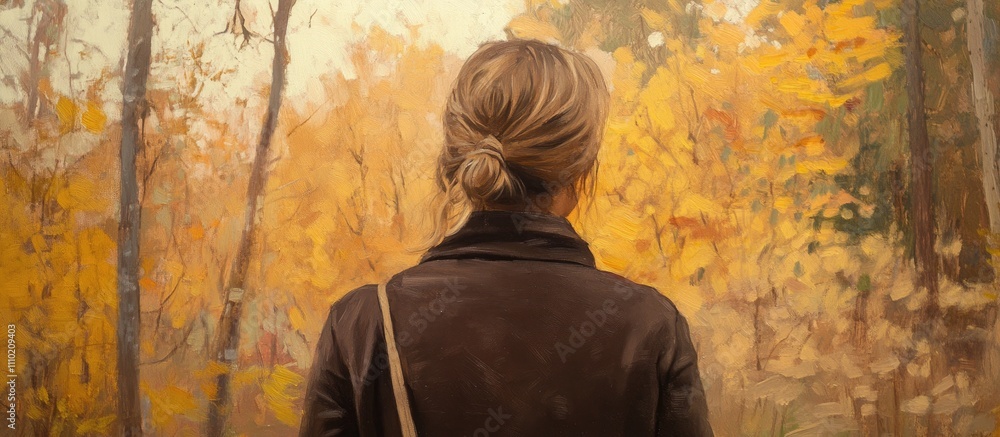 Obraz premium Woman admiring autumn scenery in a forest plein air setting with vibrant fall colors captured from behind against a stunning backdrop.