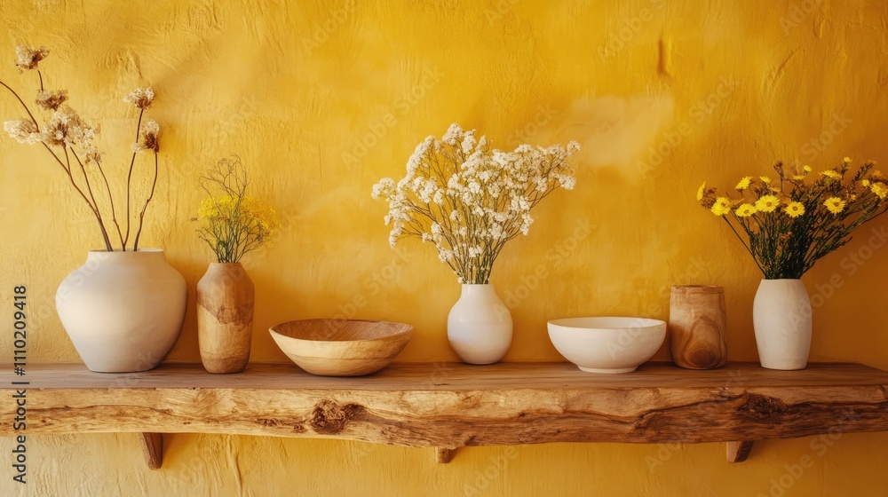 Neutral vases and bowls on rustic wooden shelf against vibrant yellow wall creating a warm and inviting home decor display Neutral vases and bowls on rustic wooden shelf against vibrant yellow wall creating a warm and inviting home decor display