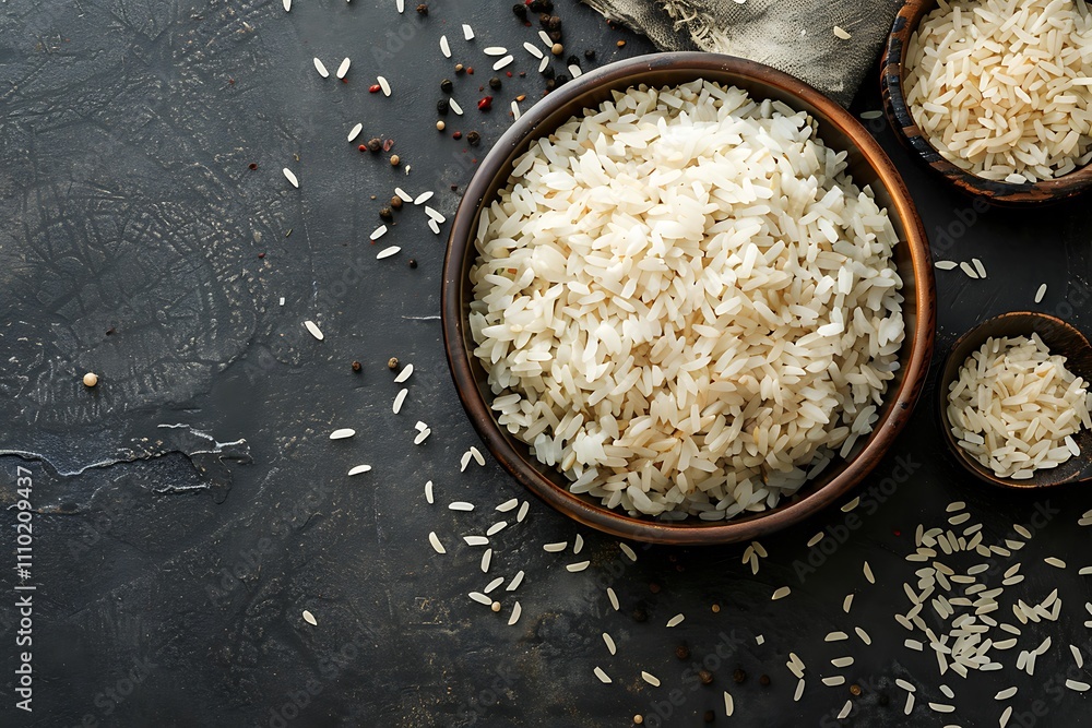 Bowl with cooked rice and spices on black background Bowl with cooked rice and spices on black background