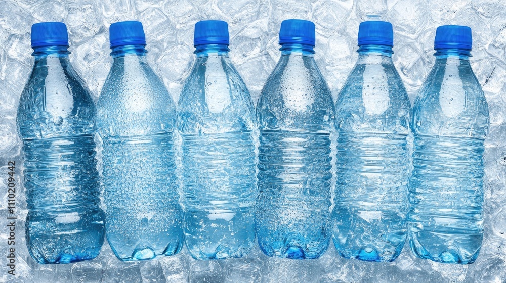 Water bottles lined up on an ice bed, glistening with condensation, showcasing a production and filling process, beverage industry, hydration, refreshment, bottled water. Water bottles lined up on an ice bed, glistening with condensation, showcasing a production and filling process, beverage industry, hydration, refreshment, bottled water.