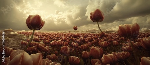 Tulip field under dramatic sky evoking deep emotions and serene beauty in nature's landscape photo