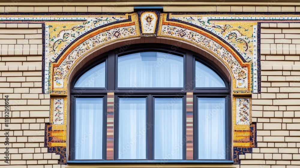 Decorative rectangular window with intricate upper design and window sill detail on a brick facade Decorative rectangular window with intricate upper design and window sill detail on a brick facade