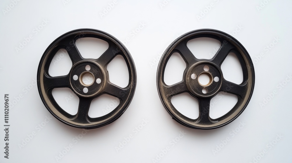 Fototapeta premium Two vintage film reels positioned separately on a clean white background, emphasizing their circular design and classic film aesthetic, retro, cinema, nostalgia, filmmaking.