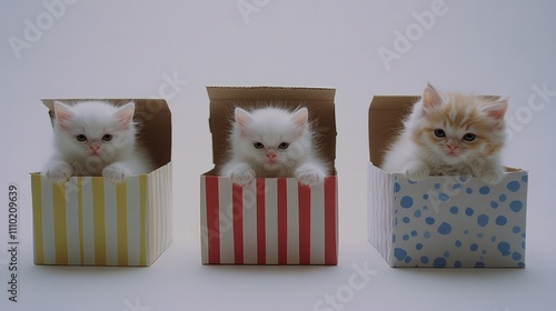 Three fluffy white kittens sitting in decorative boxes with pastel designs on a clean white background perfect for holiday or pet themes. photo