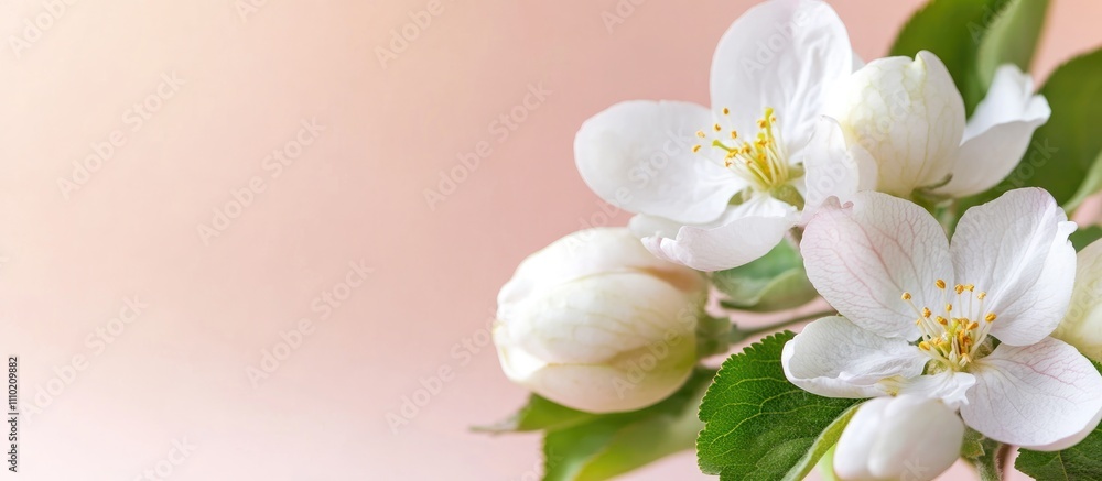 Summer floral backdrop with white apple tree blossoms and soft pink gradient for text placement on a serene romantic design. Summer floral backdrop with white apple tree blossoms and soft pink gradient for text placement on a serene romantic design.