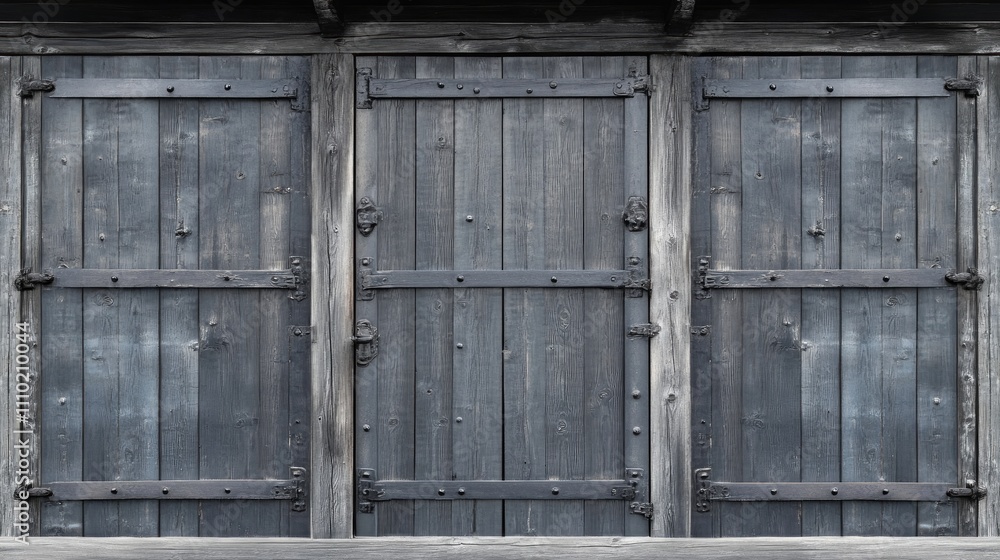 Weathered gray wooden rolling shutters with rustic hardware in a traditional architectural design, showcasing vintage craftsmanship and durability. Weathered gray wooden rolling shutters with rustic hardware in a traditional architectural design, showcasing vintage craftsmanship and durability.