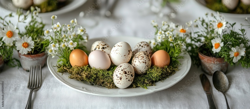 Vibrant table setting with quail eggs spring flowers and moss on white tablecloth elegant decor for seasonal gatherings and celebrations Vibrant table setting with quail eggs spring flowers and moss on white tablecloth elegant decor for seasonal gatherings and celebrations