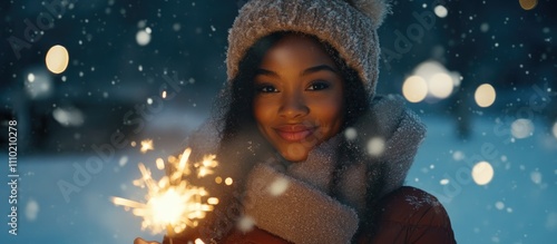 Festive winter night with a middle-aged black woman joyfully holding sparklers surrounded by falling snow and soft glowing lights