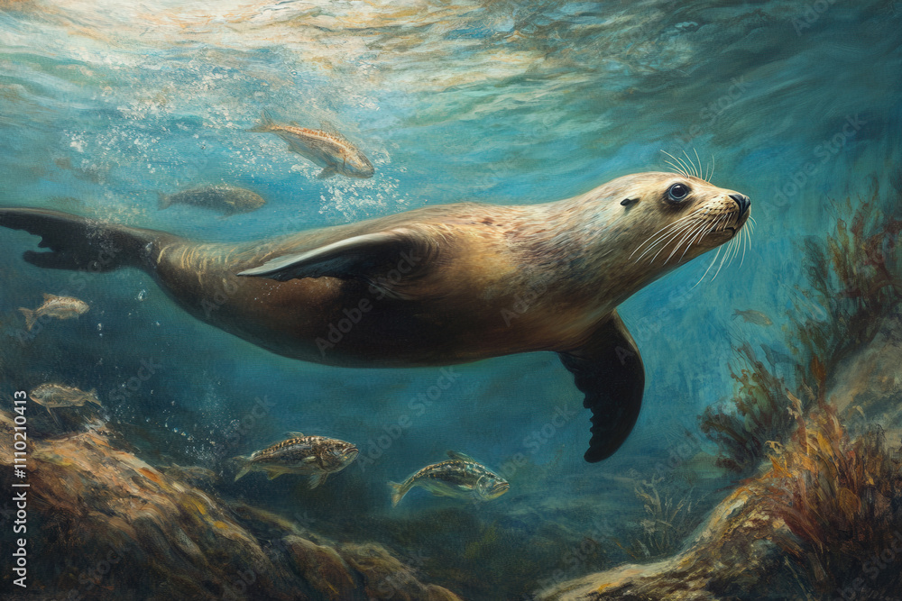 Seal Swimming Underwater in Sunlit Ocean Seal Swimming Underwater in Sunlit Ocean