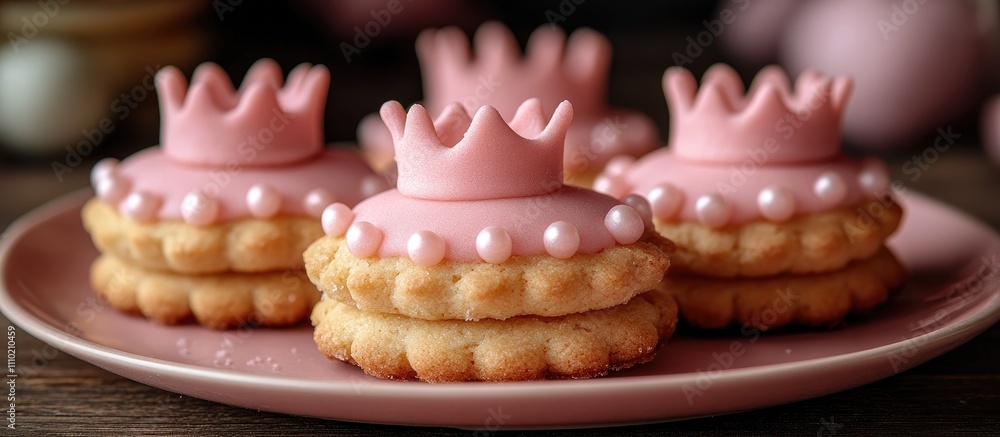 Delicate pink crown-shaped cookies on a pastel plate perfect for celebrations or themed parties featuring a soft and sweet aesthetic Delicate pink crown-shaped cookies on a pastel plate perfect for celebrations or themed parties featuring a soft and sweet aesthetic