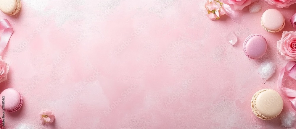 Elegant flat lay of pink background with macarons and roses perfect for wedding invitations or sweet treats messaging. High quality image. Elegant flat lay of pink background with macarons and roses perfect for wedding invitations or sweet treats messaging. High quality image.