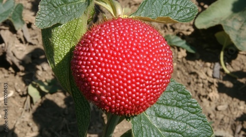 Nephelium lappaceum ripe fruit on tree close-up showcasing vibrant red skin and textured surface against green foliage photo